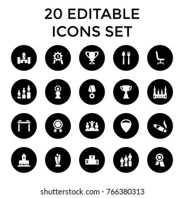 Place icons. set of 20 editable filled place icons such as castle, award, ranking, trophy, location, table with plates and pan, plate fork and knife, office chair