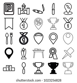 Place icons. set of 25 editable outline place icons such as map location, trophy, cigarette, award, sale location, medal, location, spoon, knife, plate fork and knife, flag
