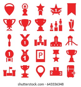 Place icons set. set of 25 place filled icons such as parking, castle, clean fridge, ranking, trophy, spoon, 1st place star, map location, flag, number 1 medal