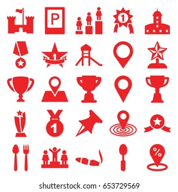 Place Icons Set. Set Of 25 Place Filled Icons Such As Parking, Castle, Cigarette, Ranking, Map Location, Trophy, Spoon, Location Pin, 1st Place Star, Pin, Star Trophy