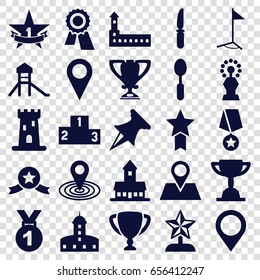 Place Icons Set. Set Of 25 Place Filled Icons Such As Castle, Award, Map Location, Spoon, Knife, Location Pin, Flag, Trophy, 1st Place Star, Ranking, Pin, Star Trophy