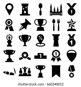 Place icons set. set of 25 place filled icons such as castle, cigarette, award, ranking, spoon, trophy, flag, location pin, pin, star trophy, number 1 medal, medal with star