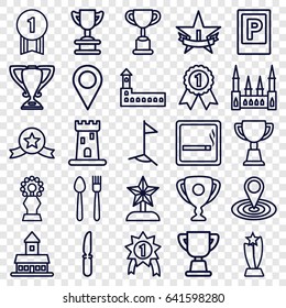 Place Icons Set. Set Of 25 Place Outline Icons Such As Parking, Smoking Area, Castle, Map Location, Trophy, Knife, Location Pin, Flag, 1st Place Star, Star Trophy