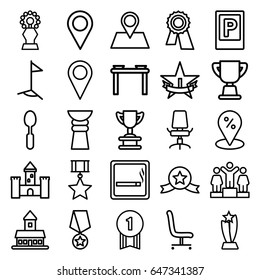 Place Icons Set. Set Of 25 Place Outline Icons Such As Parking, Smoking Area, Castle, Award, Ranking, Spoon, Location Pin, Office Chair, Trophy, Flag, 1st Place Star