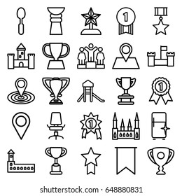 Place icons set. set of 25 place outline icons such as castle, clean fridge, ranking, map location, spoon, location pin, office chair, flag, trophy, star trophy