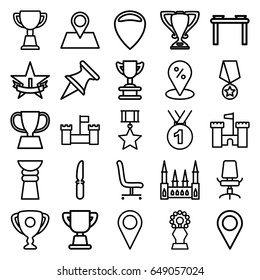 Place Icons Set. Set Of 25 Place Outline Icons Such As Castle, Trophy, Knife, Location Pin, Office Chair, 1st Place Star, Sale Location, Medal, Medal With Star