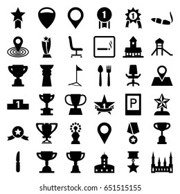 Place Icons Set. Set Of 36 Place Filled Icons Such As Parking, Smoking Area, Castle, Cigarette, Map Location, Trophy, Knife, Location Pin, Office Chair, Flag, 1st Place Star