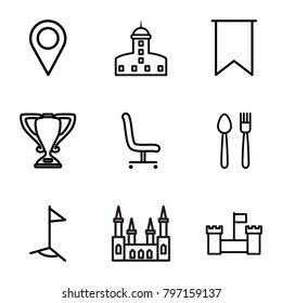 Place icons. set of 9 editable outline place icons such as castle, plate fork and knife, office chair, flag, trophy