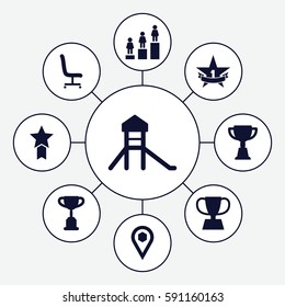 place icons set. Set of 9 place filled icons such as ranking, trophy, location, office chair, 1st place star, medal with star