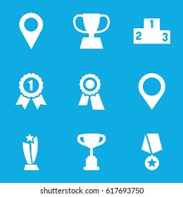 Place icons set. set of 9 place filled icons such as award, trophy, ranking, map location, location pin, number 1 medal