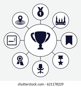Place icons set. set of 9 place filled icons such as smoking area, castle, award, map location, office chair, flag, trophy, medal with star