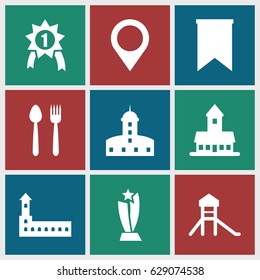Place icons set. set of 9 place filled icons such as castle, map location, flag, trophy, number 1 medal