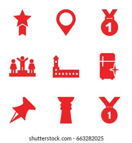 Place icons set. set of 9 place filled icons such as castle, clean fridge, ranking, map location, pin, trophy, number 1 medal, medal with star