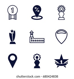 Place icons set. set of 9 place filled and outline icons such as 1st place star, trophy, castle, sale location, number 1 medal