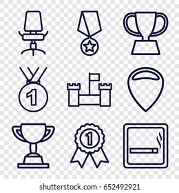 Place icons set. set of 9 place outline icons such as smoking area, office chair, trophy, medal, number 1 medal, medal with star, castle