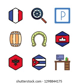 place icons set with barrel, horseshoe and cambodia vector set