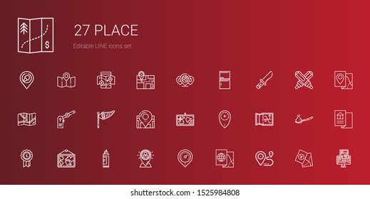 place icons set. Collection of place with location, map, placeholder, marker, medal, wind sign, parking, knife, fridge, gps, spoon, mobile map. Editable and scalable place icons.