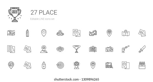 place icons set. Collection of place with map, placeholder, knife, marker, gps, trophy, maps, markers, parking. Editable and scalable place icons.