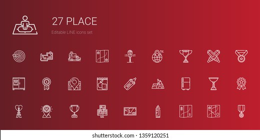 place icons set. Collection of place with map, marker, gps, trophy, placeholder, eiffel tower, fridge, position, meal, location, medal, parking meter. Editable and scalable place icons.