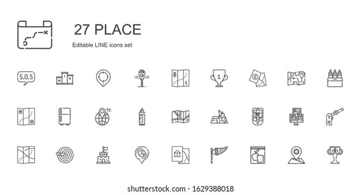 place icons set. Collection of place with meal, wind sign, map, placeholder, castle, knife, gps, position, marker, location, fridge, trophy. Editable and scalable place icons.
