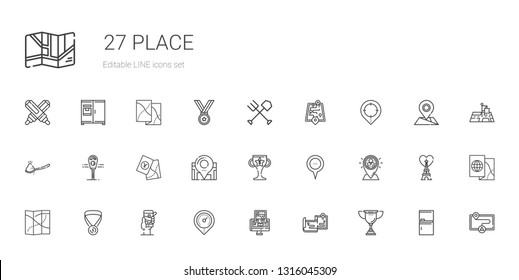 place icons set. Collection of place with trophy, maps, gps, placeholder, medal, map, location, parking meter, spoon, street map, fork, fridge. Editable and scalable place icons.