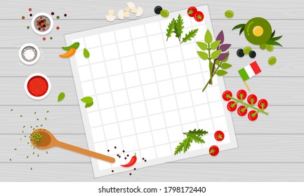 Place with ingredients and tools for cooking Italian pizza. Vector flat illustrations.
