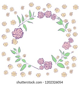 Place for inscription. A wreath of pink roses. A circle of roses and twigs of various plants with green leaves on a white background, surrounded by many small yellow flowers.