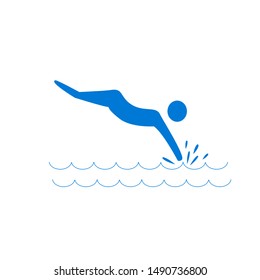 Place for jumping in water. Safety dive. Sign safeness on beach, in river, sea. Warning of protection during jump in. Colorful template for poster. Design flat element. Vector illustration