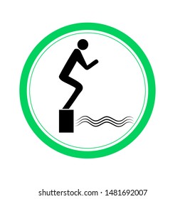 Place for jumping in water. Sign in circle. Safety dive. Sign safeness on beach, in river, sea. Warning of protection during jump in. Colorful template for poster. Design element. Vector illustration