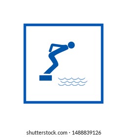 Place for jumping in water. Sign in square. Safety dive. Sign safeness on beach, in river, sea. Warning of protection during jump in. Colorful template for poster. Design element. Vector illustration