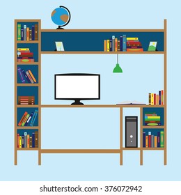 Place for learning. Shelf with books and computer