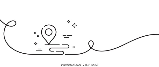 Place line icon. Continuous one line with curl. Map pin sign. Gps route marker symbol. Place single outline ribbon. Loop curve pattern. Vector