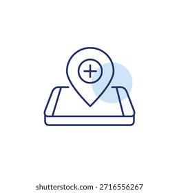 Colocar o agregar ubicación. Actualizar de mapas, lugar creado en el teléfono inteligente. Icono de Vector de trazo perfecto y editable
