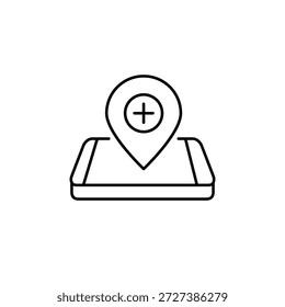 Colocar o agregar ubicación. Actualizar de mapas, lugar creado en el teléfono inteligente. Icono de Vector de trazo perfecto y editable