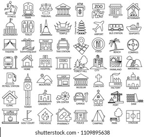 Place Map Icon Set, Vector Outline Of Government, Official, Religious, Cabaret, Public Health, Travel, Transport, Relaxation, Museum, Airport, Hospital, Station, Park, Academy, Gas Station, Stadium, 