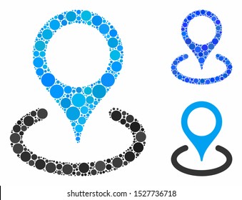 Place marker composition of filled circles in various sizes and shades, based on place marker icon. Vector dots are grouped into blue composition. Dotted place marker icon in usual and blue versions.