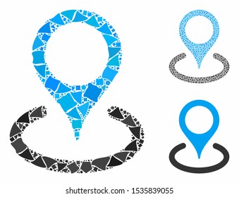 Place marker composition of ragged pieces in variable sizes and color hues, based on place marker icon. Vector inequal pieces are grouped into collage. Place marker icons collage with dotted pattern.