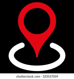 Place Marker vector icon. Style is bicolor flat symbol, red and white colors, rounded angles, black background.