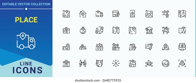 Place modern icon set. Included point, navigator, navigation, destination, map. Location simple icon set. Modern vector UI icons. Editable stroke. Vector illustration.