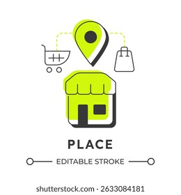 Place modern linear concept icon. Product purchasing. Shopping, market. Retail business, sale. Logistics, commerce. Flat outline elements connected with dotted lines. Creative visual. Easy to edit