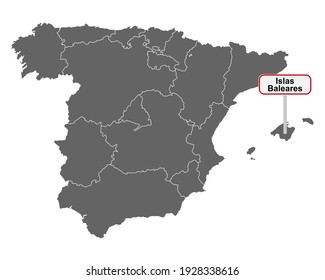 Place name sign of the Balearic Islands at map of Spain