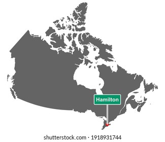 Place name sign Hamilton at map of Canada