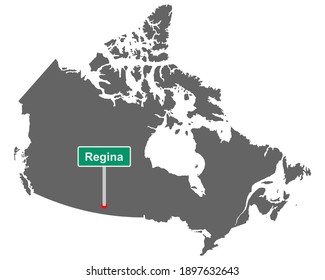 Place name sign Regina at map of Canada