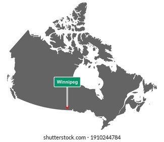 Signo de nombre de lugar Winnipeg en el mapa de Canadá