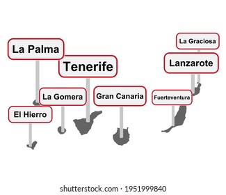 Place name signs and map of the Canary Islands