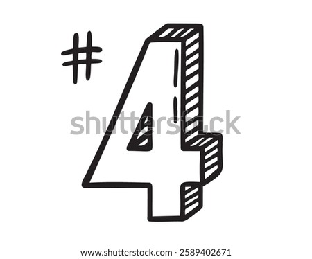 place number four or number 4 doodle hand drawn icon. Outline drawing number 4th place line clipart symbol. Vector illustration