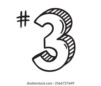 place number three or number 3 doodle hand drawn icon. Outline drawing number 3rd place line clipart symbol. Vector illustration