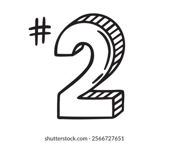 place number two or number 2 doodle hand drawn icon. Outline drawing number 2nd place line clipart symbol. Vector illustration