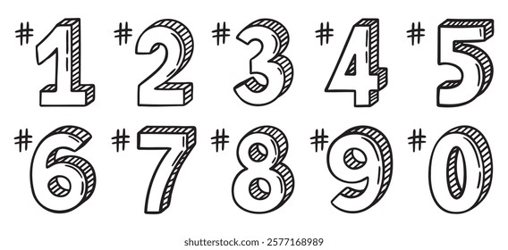 place numbers doodle hand drawn icon set. Outline drawing number 1, 2, 3, 4, 5, 6, 7, 8, 9 line clipart symbol. Vector illustration