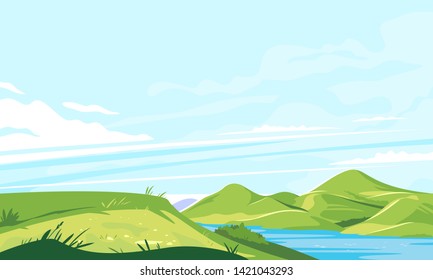 Place on the top of the hill with a panoramic view of mountains and river, hiking travel concept illustration, panorama of green hills with plants and grass